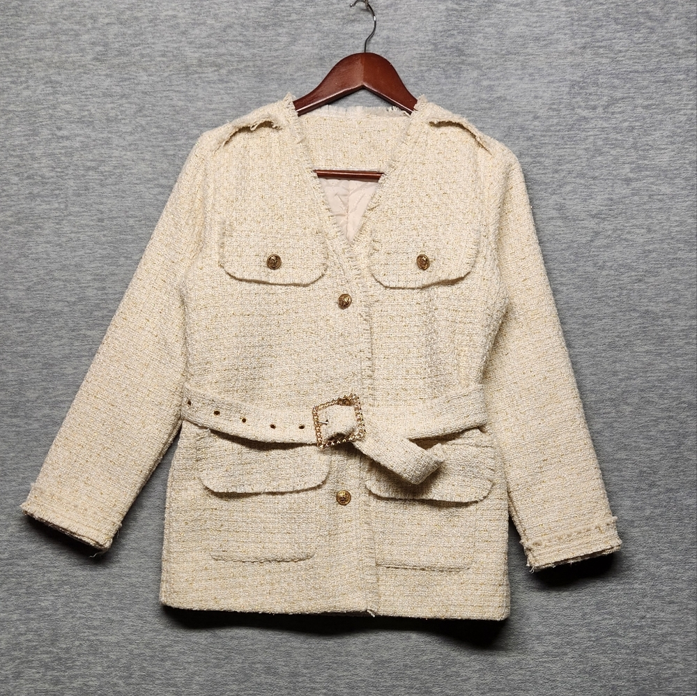 Womens Tweed coat jacket quilted lining size M luxury designer Elegant Classic